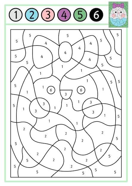Vector de Pascua para colorear por números con un adorable huevo kawaii con lazo. Escena de fiesta de primavera. Juego de contar en blanco y negro con un divertido símbolo tradicional. Ficha para colorear para niñosxA