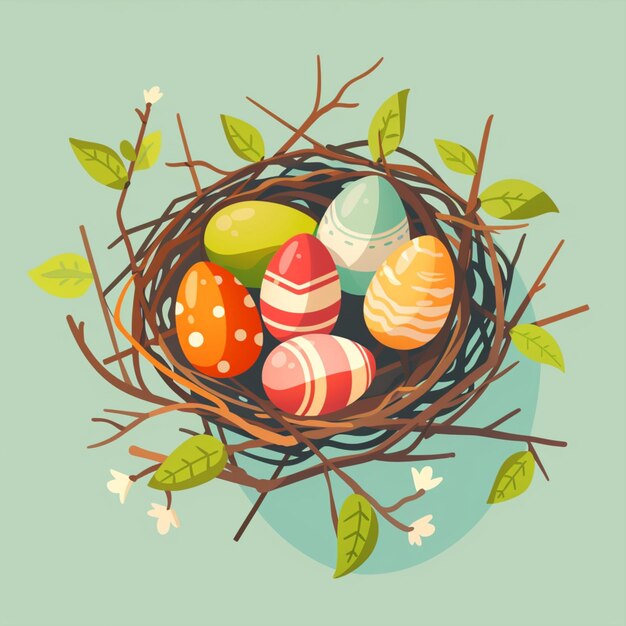 Vector pascua huevos decorados de colores en el nido de pájaros en estilo de dibujos animados plano