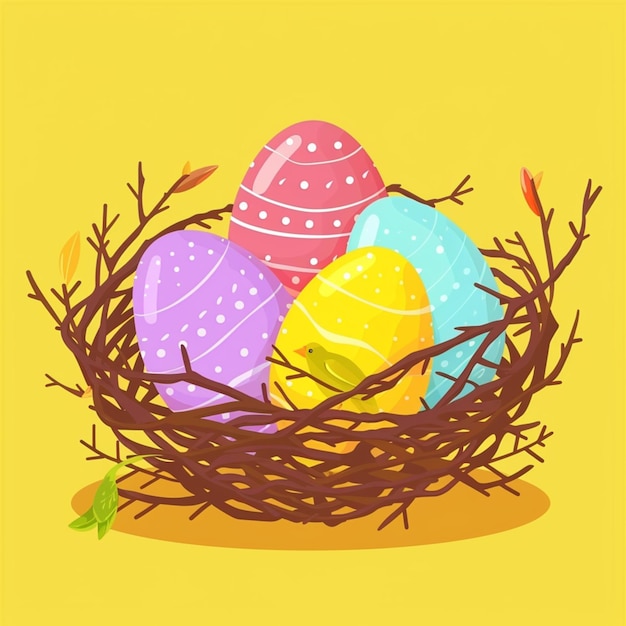 Vector vector pascua huevos decorados de colores en el nido de pájaros en estilo de dibujos animados plano