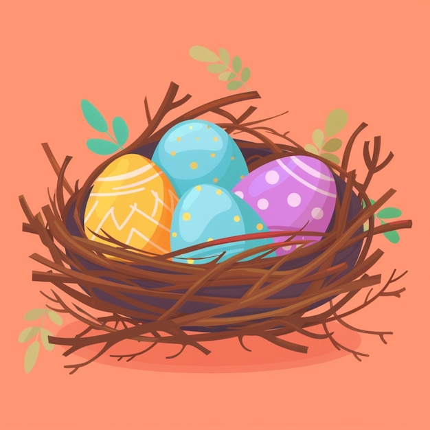 Vector vector pascua huevos decorados de colores en el nido de pájaros en estilo de dibujos animados plano