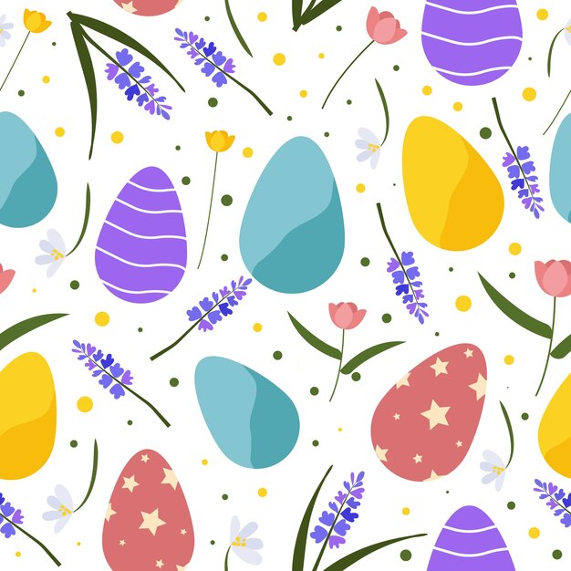 Vector de Pascua patrón sin costuras con huevos decorados tulipanes de lavanda y flores de primavera