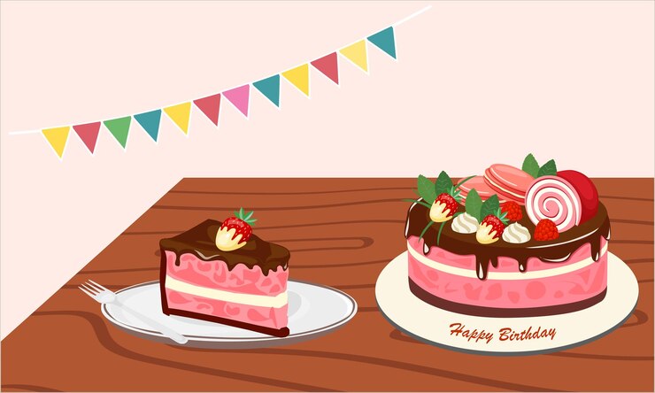 Vector vector de pastel de cumpleaños y rodaja de pastel vector en mesa de madera sabor a fresa postre de comida dulce