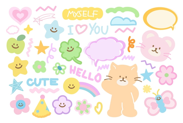 Vector pastel de oso de peluche gato trébol hoja estrella flor manzana mariposa para tarjeta de felicitación de animales