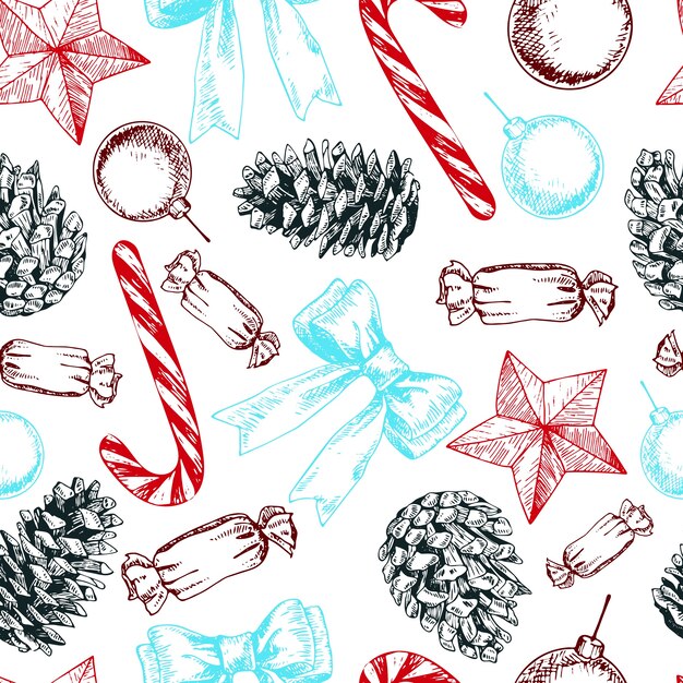 Vector sin patrón de caramelos, conos, arco y estrella. Dibujado a mano elementos vintage. Decoración navideña.
