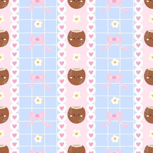 Vector patrón de coco kawaii sin costuras con caras sonrientes y fl