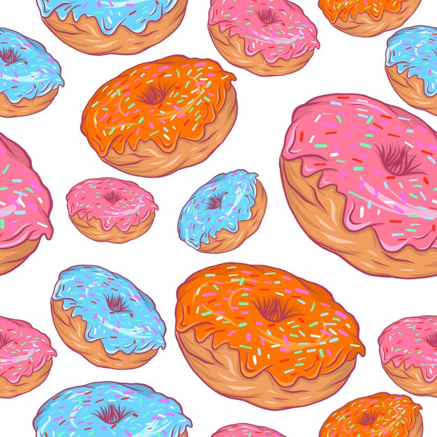 Vector sin patrón con coloridos donuts sobre fondo blanco