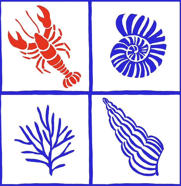 Vector patrón sin costuras azulejos con langostas y conchas de mar rojas