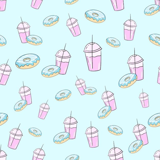 Vector de patrón sin costuras de batido de leche y rosquilla