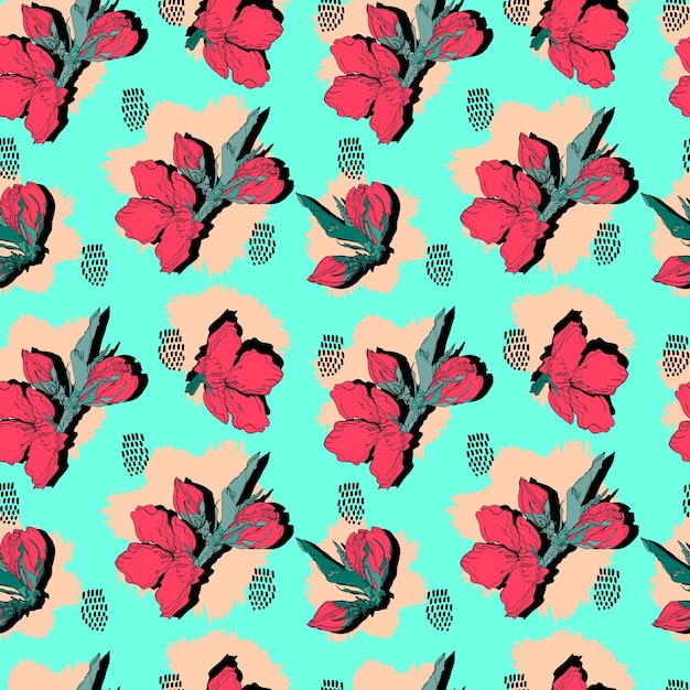 Vector patrón sin costuras contorno floral con hojas abiertas y brotes sobre un fondo contrastante con puntos Ilustración botánica para telas textiles fondos de pantalla papeles fondos