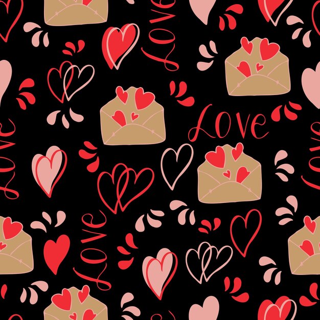 Vector patrón sin costuras de corazones y regalos con felicitaciones declaración de amor en el día de San Valentín 14 de febrero Antecedentes para invitaciones papel tapiz papel de regalo y álbumes de recortes