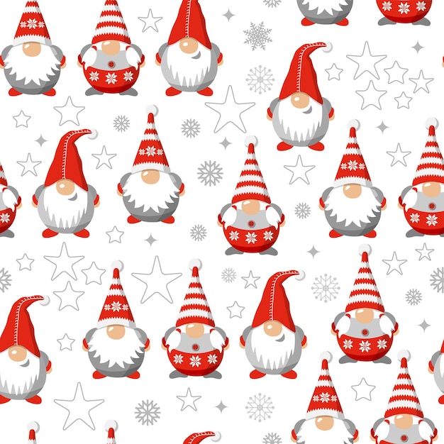 Vector patrón sin costuras gnomos de Navidad aislados en blancos personajes de dibujos animados diseño de Navidad