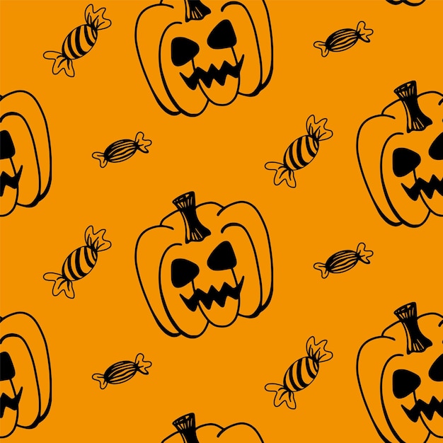 Vector patrón sin costuras de halloween de caramelo de calabaza en el fondo naranja Linda ilustración para diseño de temporada decoración textil sala de juegos para niños o tarjeta de felicitación Impresiones dibujadas a mano y garabatos