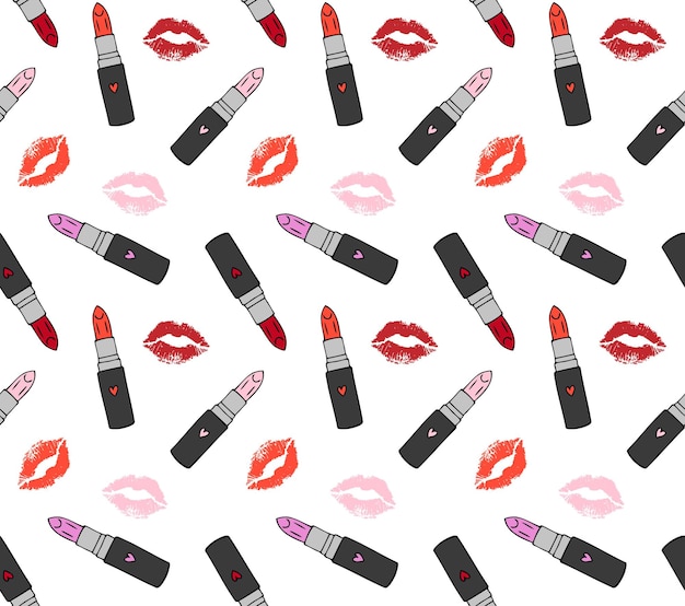 Vector patrón sin costuras de lápiz labial y beso de labios