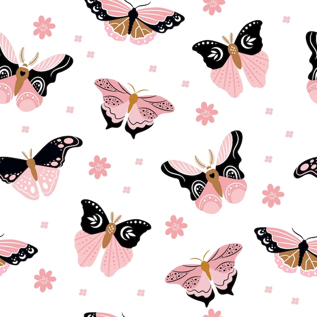 Vector patrón sin costuras de mariposas rosas y negras en fondo blanco hermoso de moda