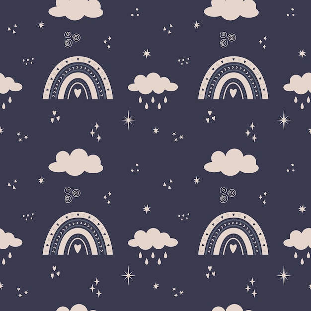 Vector Patrón sin costuras con nubes de arco iris boho lluvia de estrellas sobre un fondo oscuro Telón de fondo para envolver papel scrapbooking tela bebé textiles papel tapiz almohadas papelería