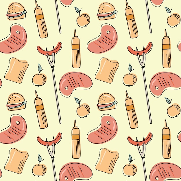 Vector patrón sin costuras de parrilla de barbacoa Picnic en estilo de dibujos animados planos Colección de