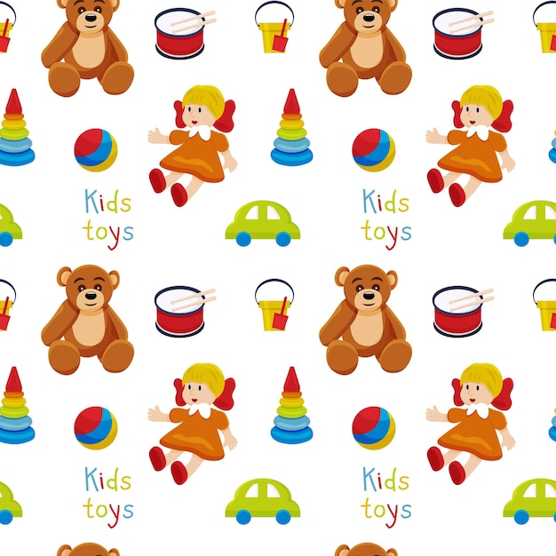 Vector patrón sin costuras de varios juguetes para niños el concepto de juegos infantiles actividades preescolares tienda de juguetes