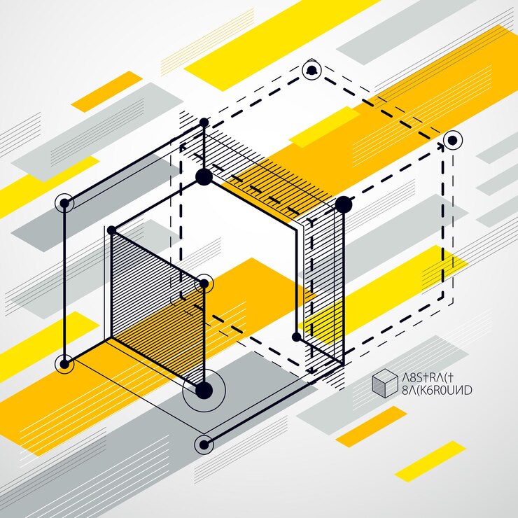 Vector vector de patrón de cubo 3d geométrico abstracto y fondo amarillo. diseño de cubos, hexágonos, cuadrados, rectángulos y diferentes elementos abstractos.