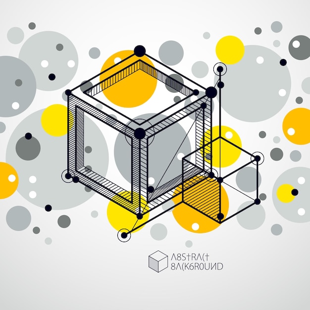 Vector vector de patrón de cubo 3d geométrico abstracto y fondo amarillo. diseño de cubos, hexágonos, cuadrados, rectángulos y diferentes elementos abstractos.