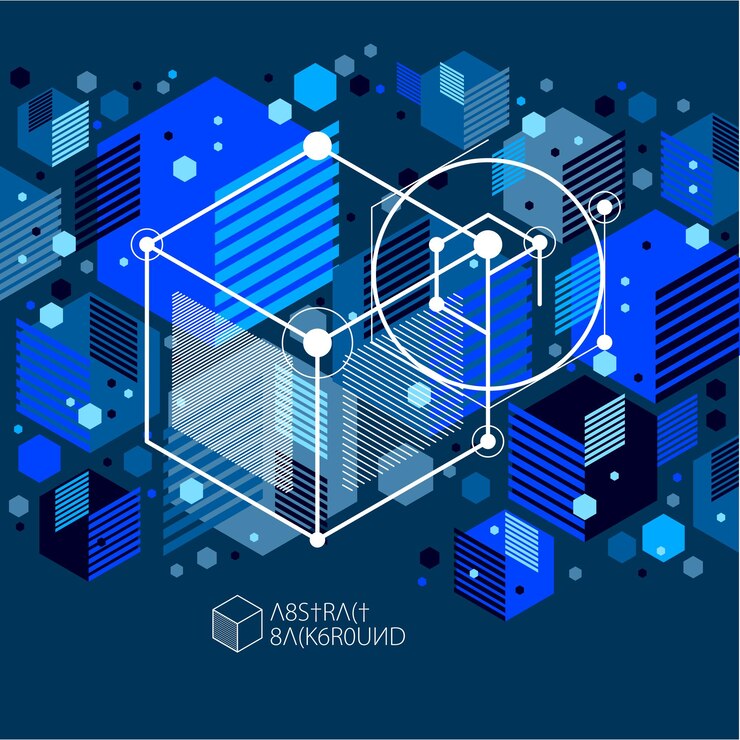 Vector vector de patrón de cubo 3d geométrico abstracto y fondo azul oscuro. diseño de cubos, hexágonos, cuadrados, rectángulos y diferentes elementos abstractos.