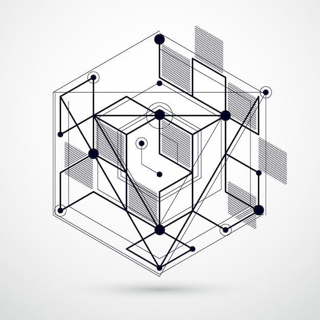 Vector de patrón de cubo 3D geométrico abstracto y fondo blanco y negro. Diseño de cubos, hexágonos, cuadrados, rectángulos y diferentes elementos abstractos.