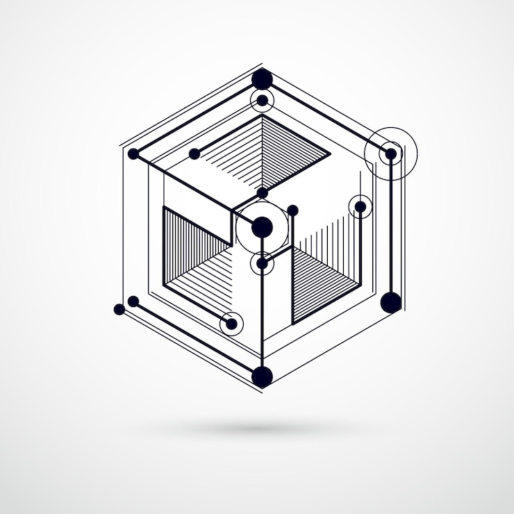 Vector vector de patrón de cubo 3d geométrico abstracto y fondo blanco y negro. diseño de cubos, hexágonos, cuadrados, rectángulos y diferentes elementos abstractos.
