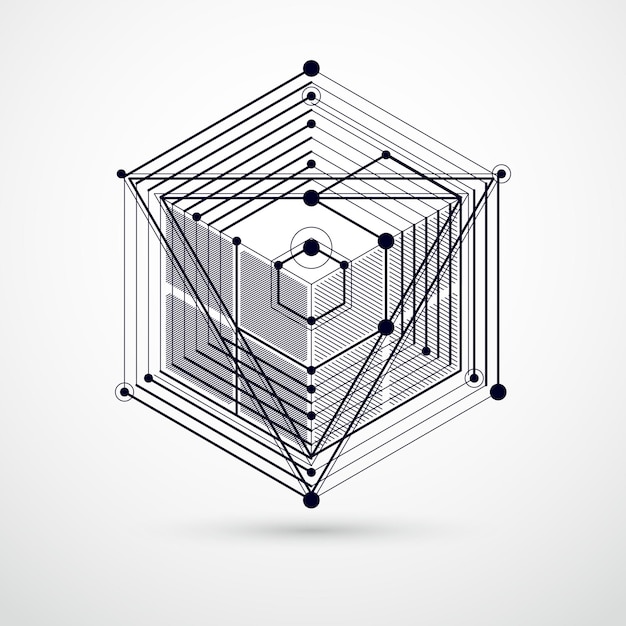 Vector de patrón de cubo 3D geométrico abstracto y fondo blanco y negro. Diseño de cubos, hexágonos, cuadrados, rectángulos y diferentes elementos abstractos.