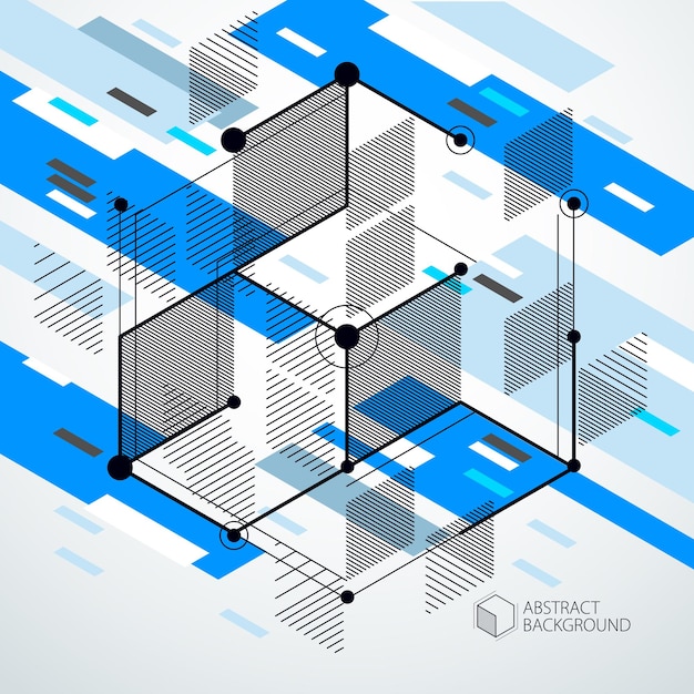 Vector de patrón de cubo geométrico 3D abstracto y fondo azul Diseño de cubos hexágonos cuadrados rectángulos y diferentes elementos abstractos