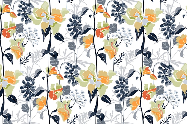 Vector patrón floral sin fisuras primavera verano flores hierbas y bayas para diseño decorativo