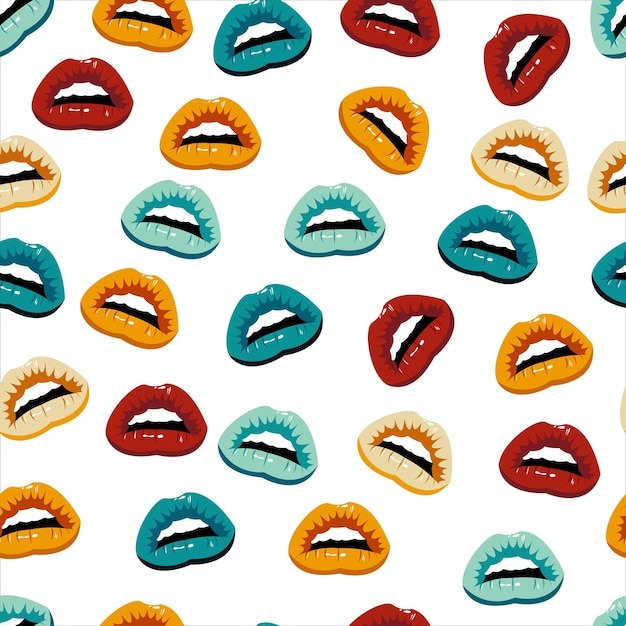 Vector de patrón de labios sin costuras. Patrón de labios de color retro. Fondo de pantalla transparente con labios.