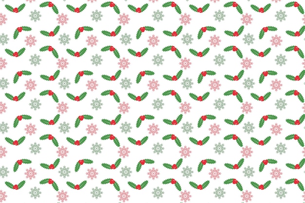 Vector de patrón de navidad abstracto con hojas verdes y cerezas rojas papel de regalo de navidad y diseño de patrón de decoración de portada de libro patrón de navidad mínimo sobre un fondo blanco con copos de nieve