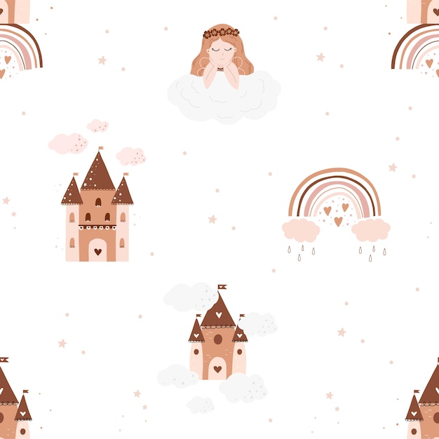 Vector patrón de niños sin costuras con flores de hadas estrellas castillo hadas con una magia