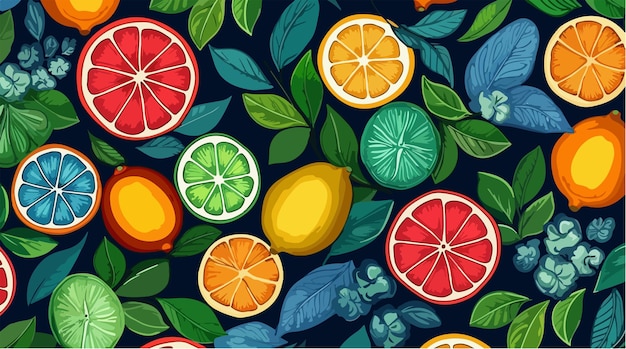 Vector de patrón Semless con frutas cítricas y fondo de hojas Fondo de frutas frescas de verano