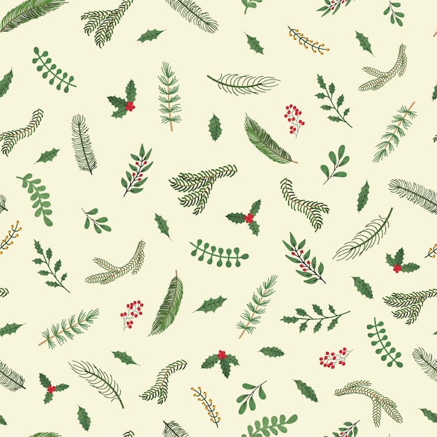 Vector patrón transparente moderno con mano colorida dibujar ilustración de plantas de navidad. úselo para papel tapiz, impresión textil, rellenos, páginas web, texturas superficiales, papel de regalo, diseño de presentación