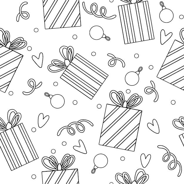 Vector patrón de vacaciones de Navidad sin fisuras con regalos saludos y fuegos artificiales cumpleaños de año nuevo