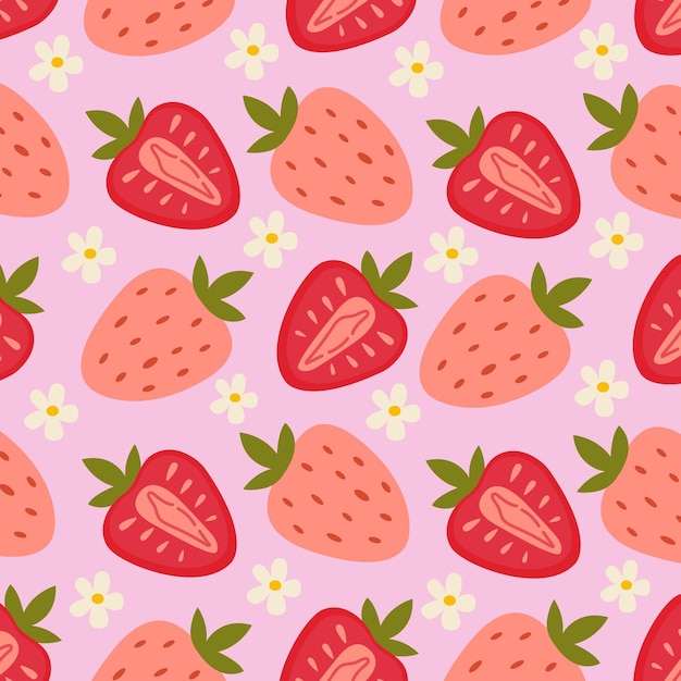Vector patrón de verano lindo con fresas y flores frutas planas de verano tema de verano