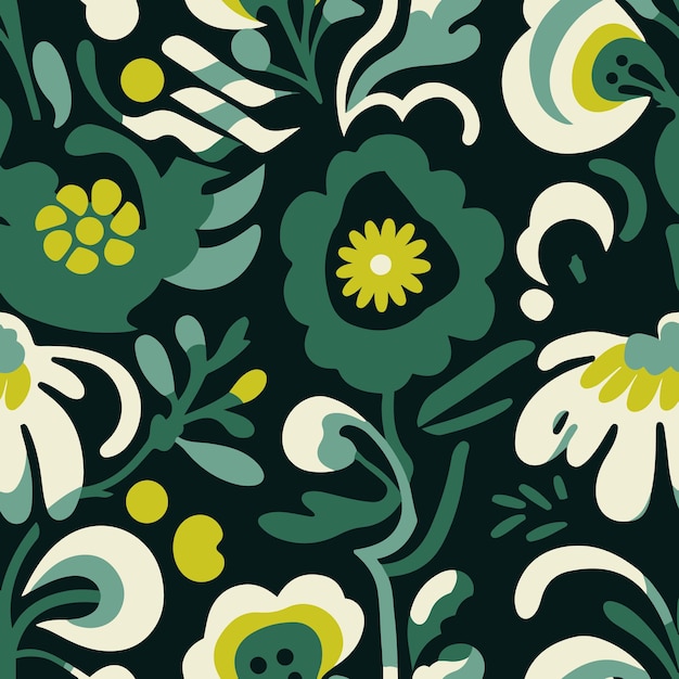 Vector de patrones sin costuras de plantas verdes florales botánicas con flores