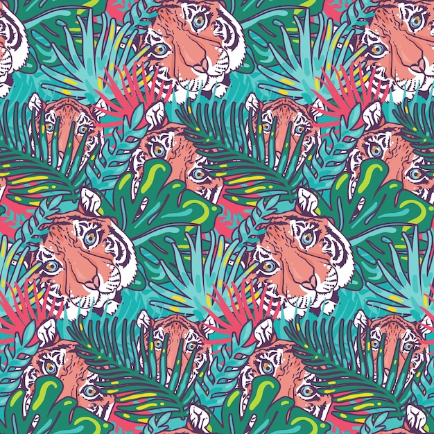 Vector de patrones sin fisuras de bosque de tigre y follaje