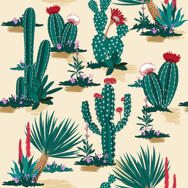 Vector de patrones sin fisuras cactus en vector de mezcla de desierto