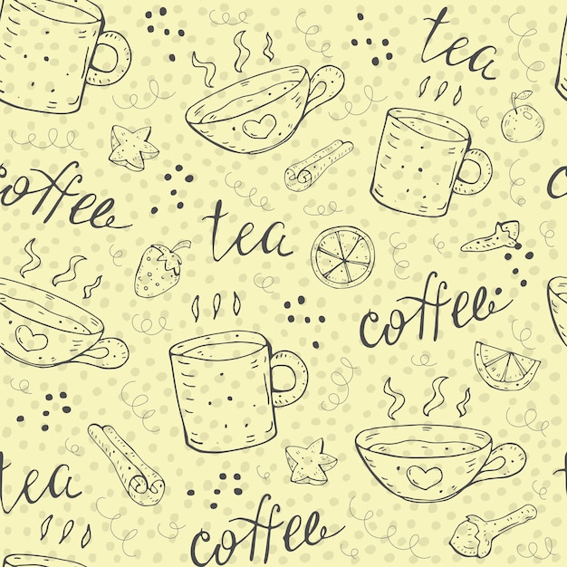 Vector de patrones sin fisuras de café y té con tazas frutas especias decoración de letras caligráficas elem