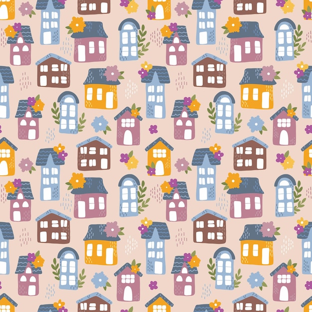 vector de patrones sin fisuras con casas y flores
