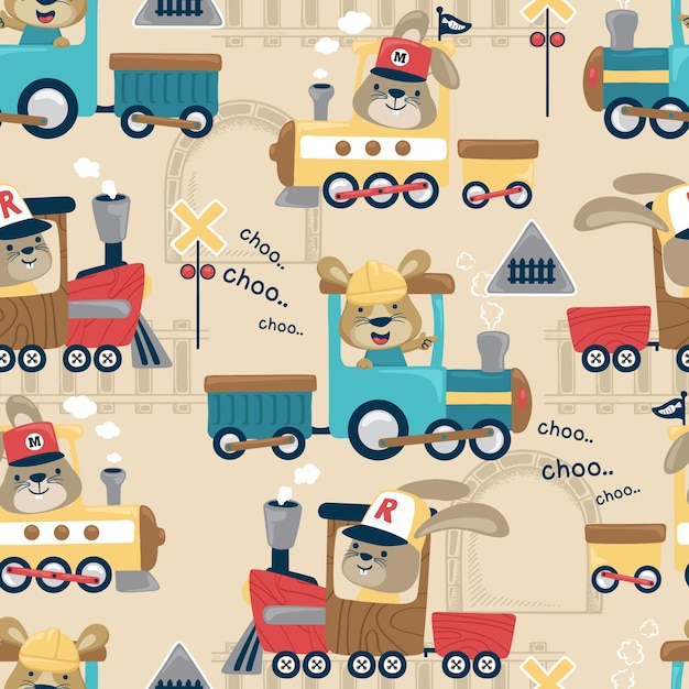 Vector de patrones sin fisuras de dibujos animados de animales divertidos en tren de vapor con elementos ferroviarios