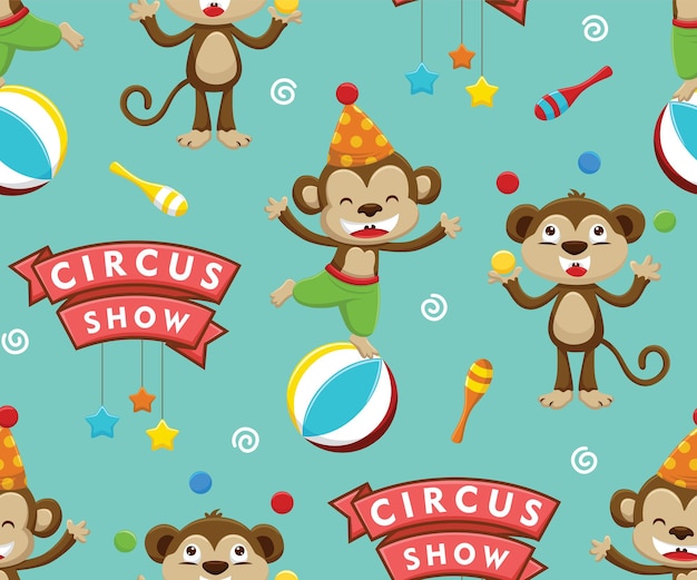 Vector de patrones sin fisuras de dibujos animados de mono en espectáculo de circo con elementos de circo