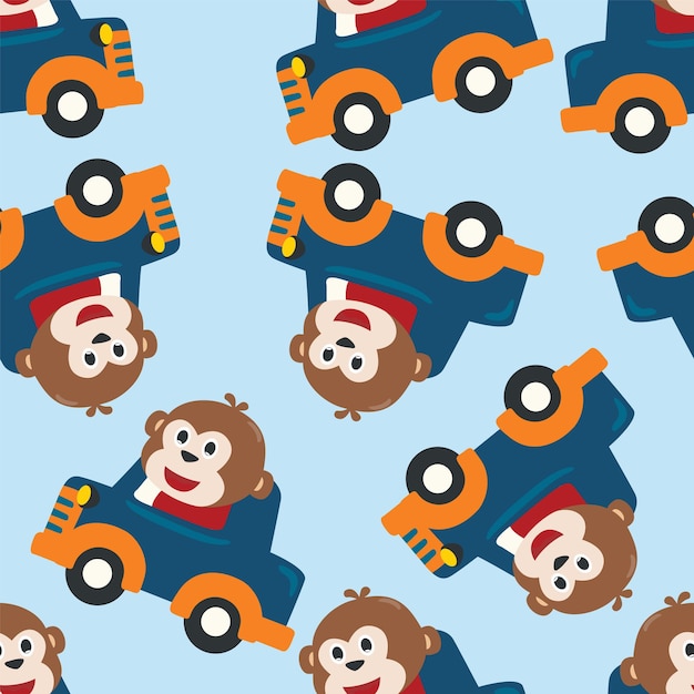Vector de patrones sin fisuras de dibujos animados de vehículos con animales divertidos Fondo infantil de vector creativo