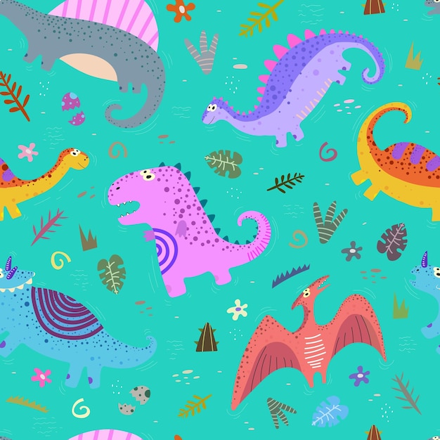 Vector de patrones sin fisuras divertidos para niños con coloridos dinosaurios lindos