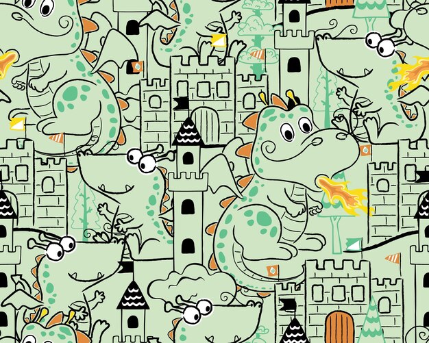 Vector de patrones sin fisuras de dragón divertido de dibujos animados con elementos de cuento de hadas