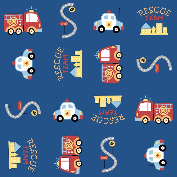 Vector vector de patrones sin fisuras con equipo de rescate de dibujos animados, coche de bomberos, coche de policía