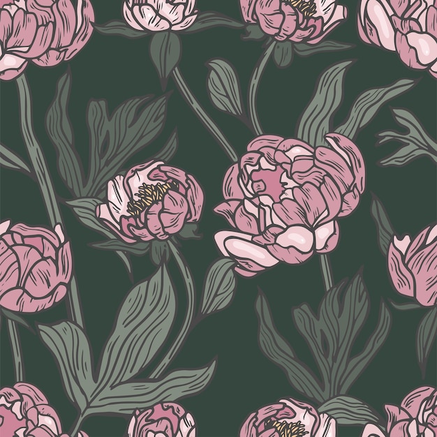 Vector patrones sin fisuras con flores de peonía Fondo floral rosa con peonías en flor