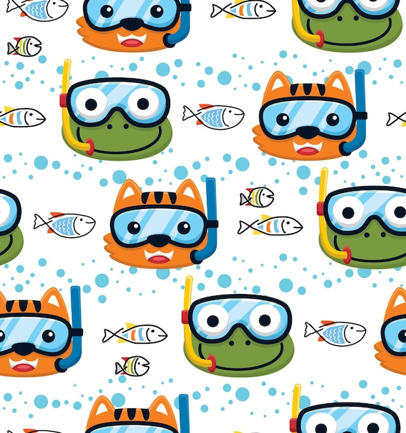 Vector de patrones sin fisuras de gato y rana con máscara de buceo con peces bajo el agua