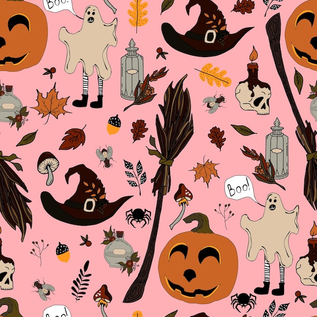 Vector de patrones sin fisuras halloween eps Doodle poción y símbolos wiccan calabaza y calavera setas y hojas de otoño